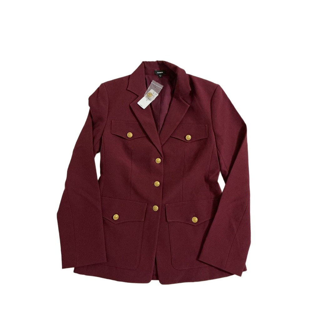 Express Blazer Womens XS Burgundy Gold Button Military Jacket NWT $148